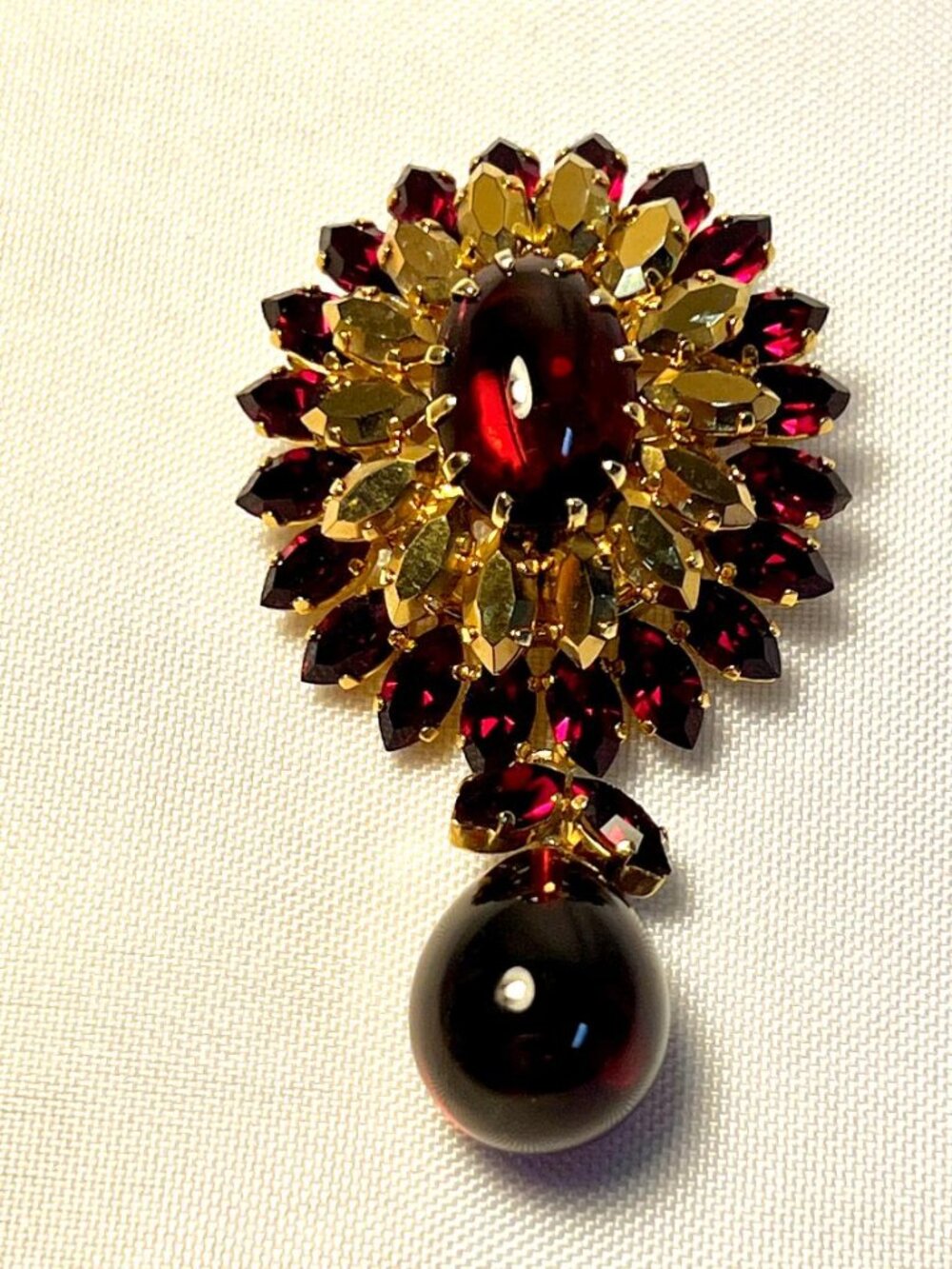Vintage Austria Rhinestone Flower Brooch Red Drop - SB5D3